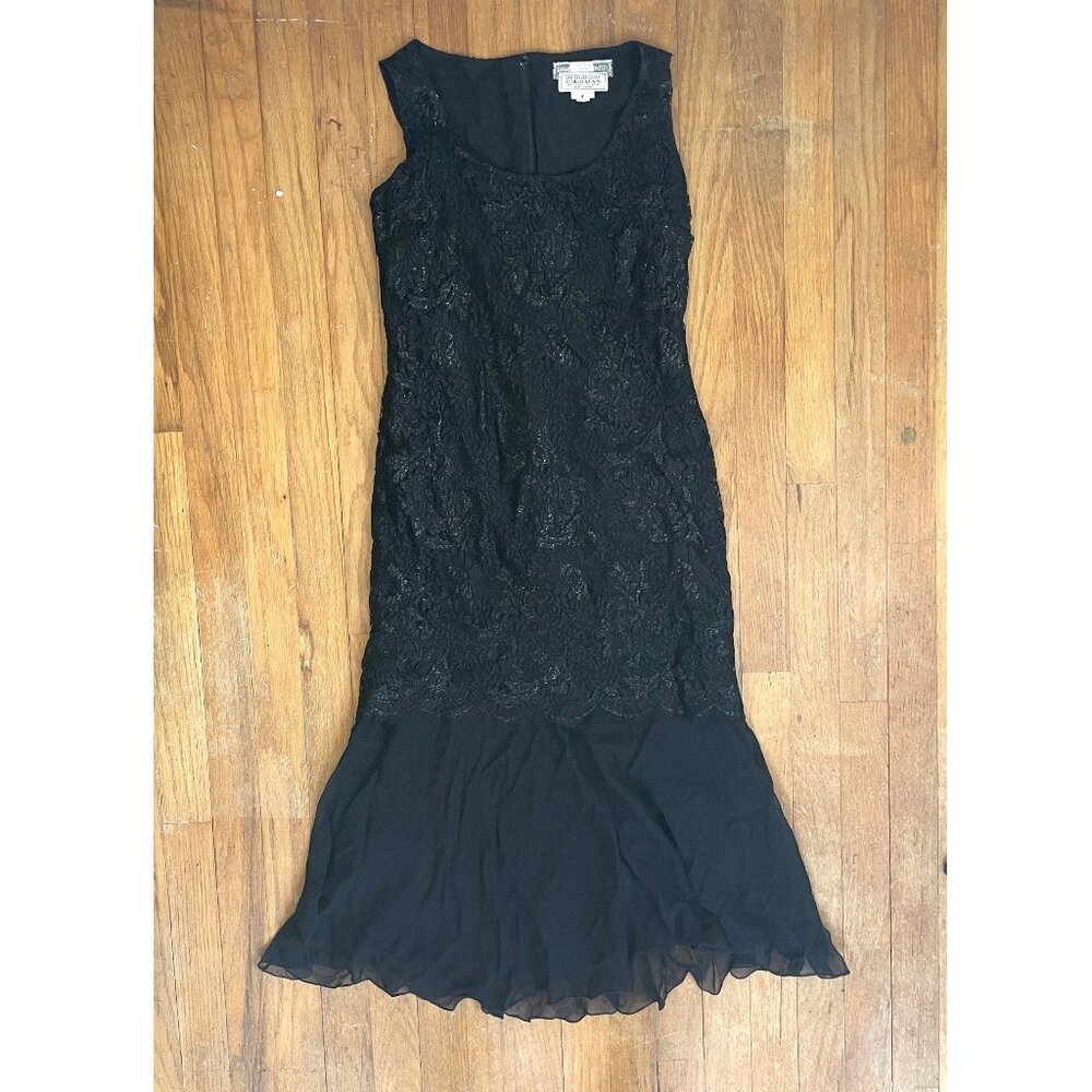 Vintage Holly Harp Dress Size XS 1970s Black Metallic Lace & Silk Midi Frock